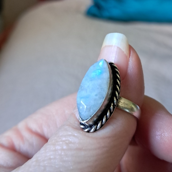 Sterling Silver Rope Twist Opalescent Moonstone Handmade Ring Size 6.5 - Picture 1 of 8